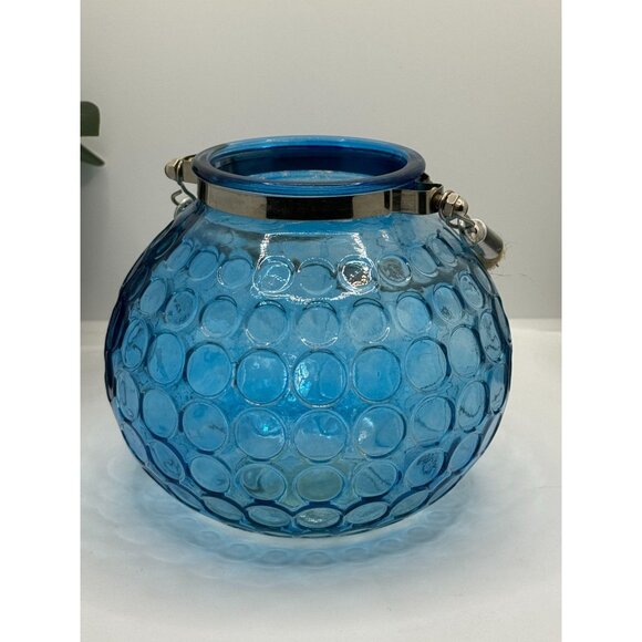 Blue Bubble Glass Hanging Candle Holder With Metal & Rope Handle - Picture 3 of 14